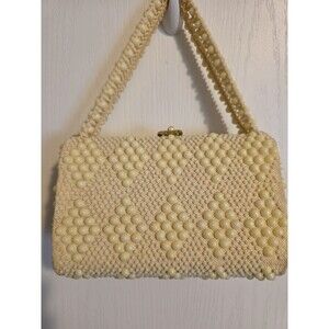 Vintage ivory handmade beaded evening bag with kiss lock clasp 1950s - 1960s